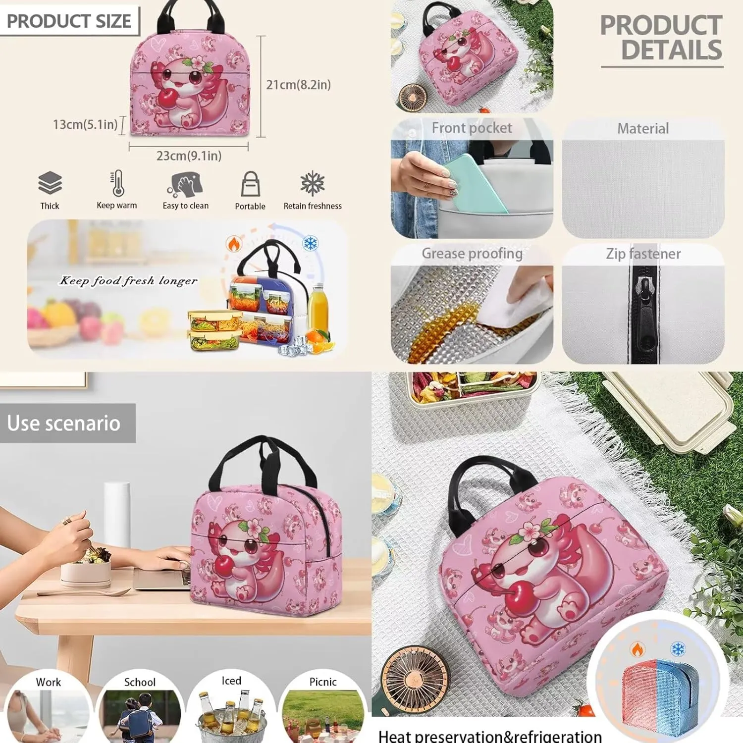Axolotl Backpack for Girls Backpack with Lunch Box and Water Bottle Bag Set Pencil Case Large Capacity Lightweight Teen Bookbag for Girls Ages 6-10 10-14 Kindergarten Elementary Middle