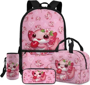 Axolotl Backpack for Girls Backpack with Lunch Box and Water Bottle Bag Set Pencil Case Large Capacity Lightweight Teen Bookbag for Girls Ages 6-10 10-14 Kindergarten Elementary Middle