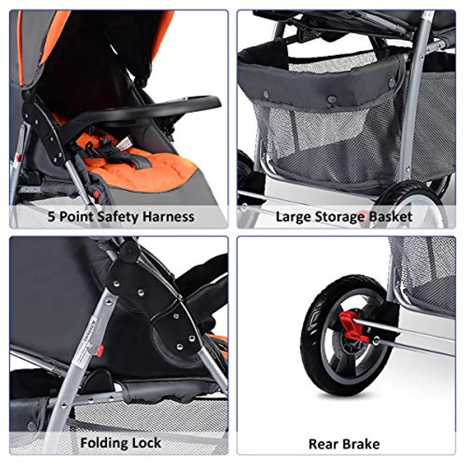 Baby Stroller, Foldable Infant Pushchair with 5-Point Safety Harness, Multi-Position Reclining Seat