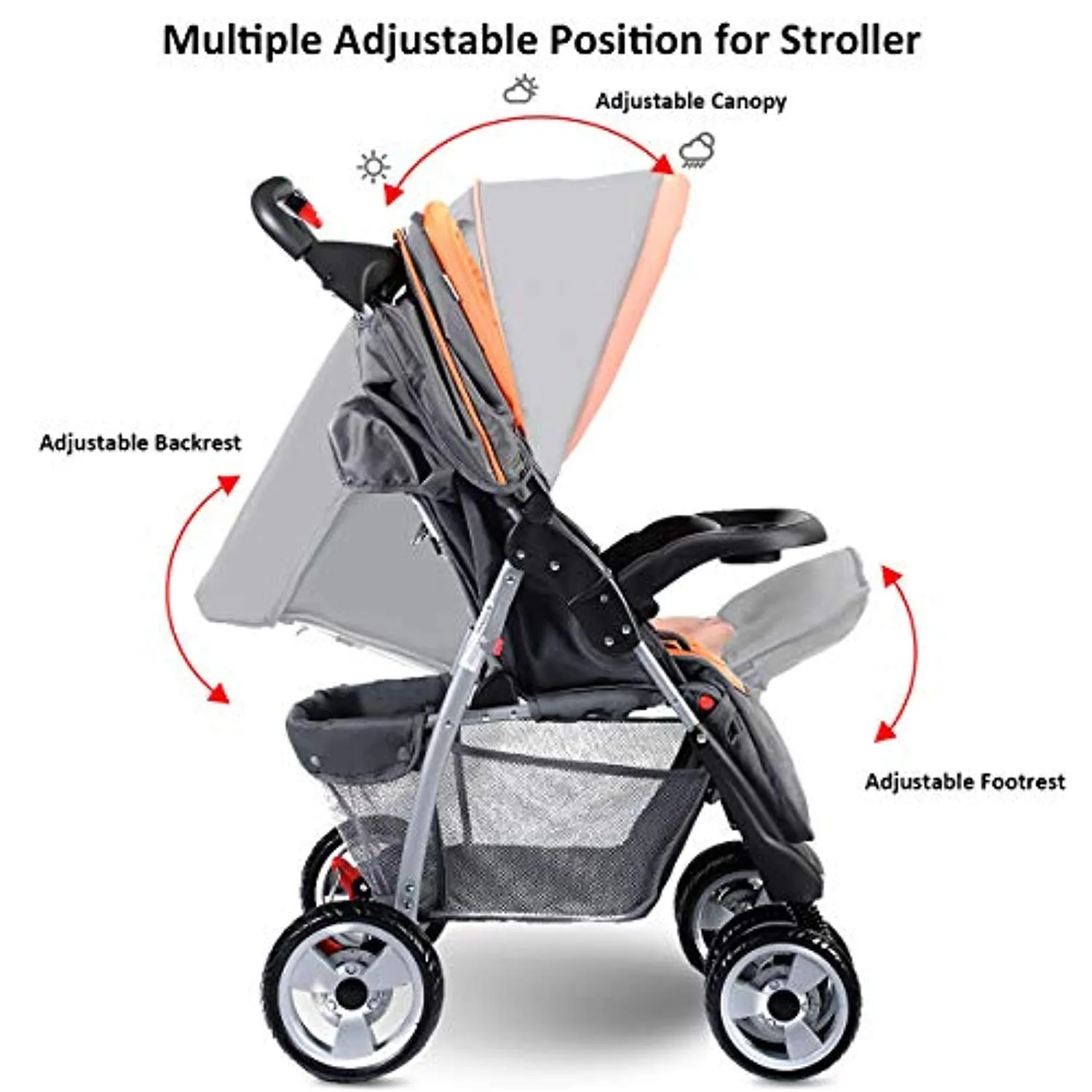 Baby Stroller, Foldable Infant Pushchair with 5-Point Safety Harness, Multi-Position Reclining Seat