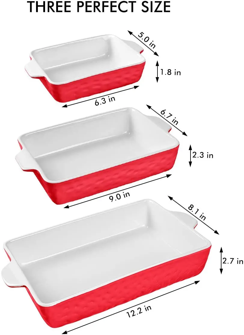 Bakeware Set, Ceramic Baking Dish, Rectangular Baking Pans Set, Casserole Dish for Cooking, Cake Dinner, Kitchen, Wrapping Upgrade, 12 x 8.5 Inches, 3-Piece (Red)