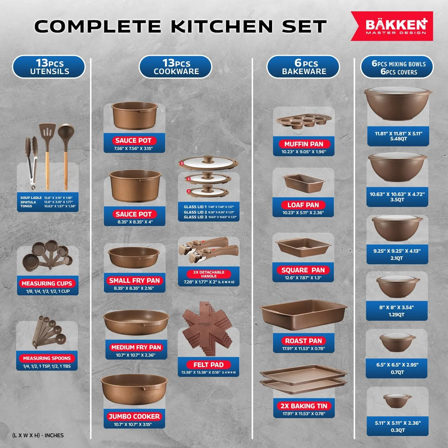 Bakken Master 38 Piece Granite Cookware and Bakeware Set – Nonstick Granite Coating, Pots and Pans with Detachable Handles and Tempered Glass Lids, 6-piece Bakeware set, 12-piece Mixing Bowls,Brown