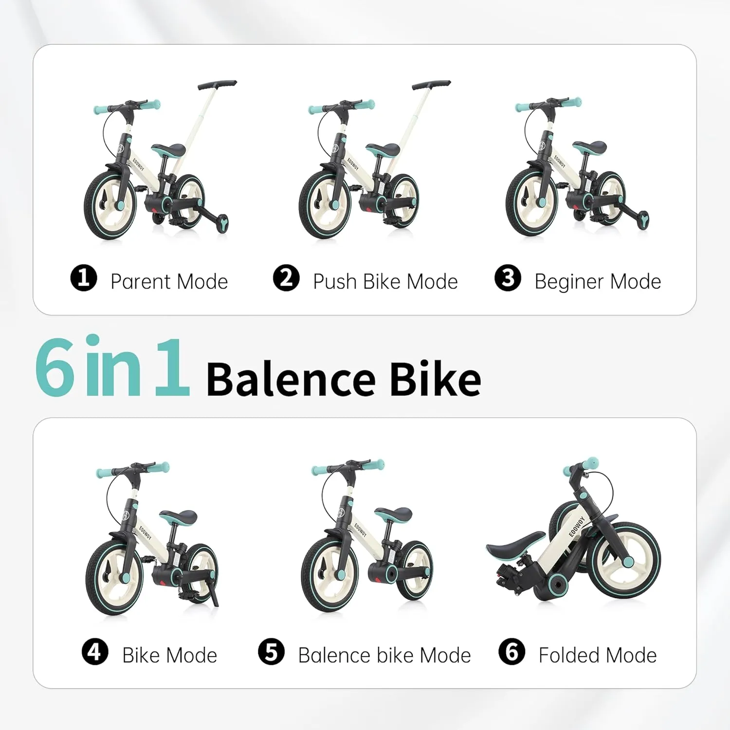 Balance Bike with Push Handle for Kids 18-60 Months, 6 in 1 Foldable Push Bike with Training Wheels & Pedals, Balance Bicycle for Boys and Girls with Brakes & Kickstand