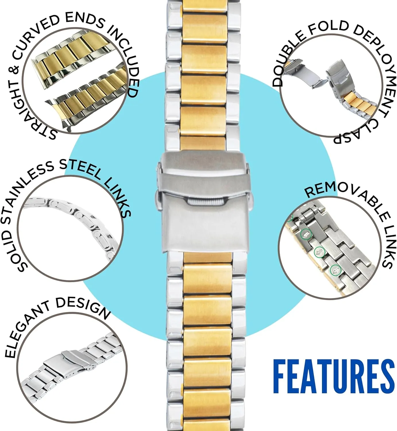 Bandini Stainless Steel Fitted Curved End Metal Watch Band, 3 Link Watch Strap Oyster Bracelet, Double Foldover Lock Deployment Clasp, Straight End Included - 18mm, 20mm, 22mm, 24mm