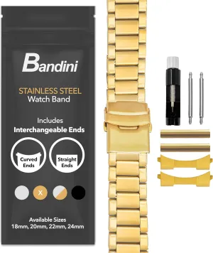 Bandini Stainless Steel Fitted Curved End Metal Watch Band, 3 Link Watch Strap Oyster Bracelet, Double Foldover Lock Deployment Clasp, Straight End Included - 18mm, 20mm, 22mm, 24mm