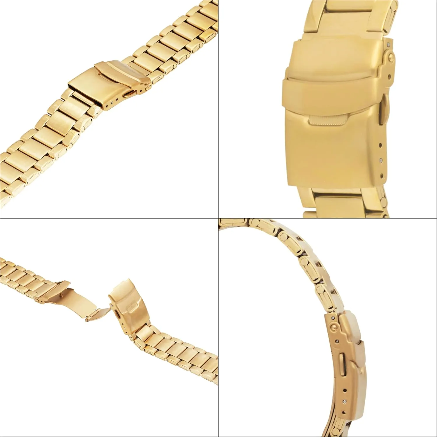 Bandini Stainless Steel Fitted Curved End Metal Watch Band, 3 Link Watch Strap Oyster Bracelet, Double Foldover Lock Deployment Clasp, Straight End Included - 18mm, 20mm, 22mm, 24mm