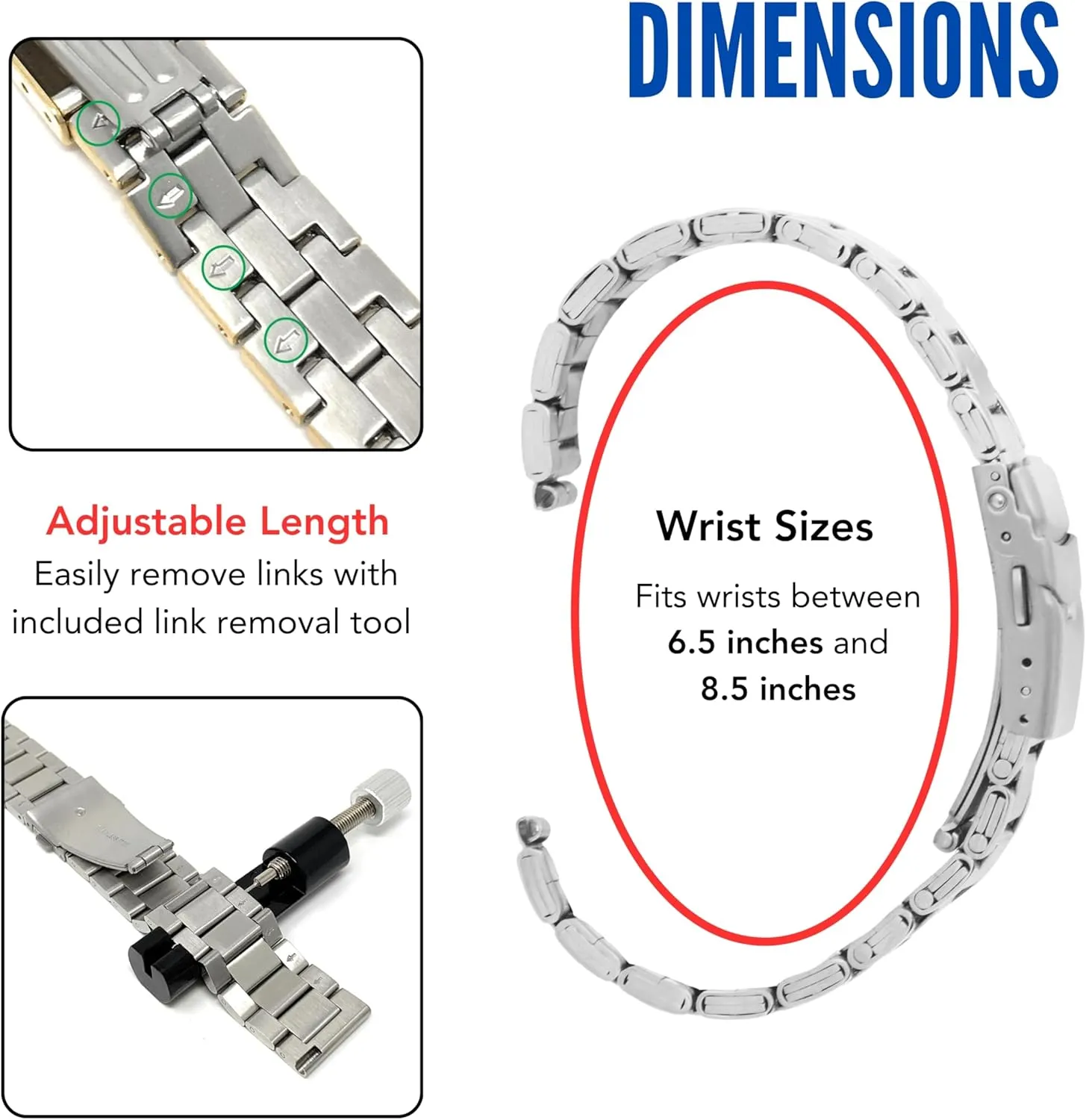 Bandini Stainless Steel Fitted Curved End Metal Watch Band, 3 Link Watch Strap Oyster Bracelet, Double Foldover Lock Deployment Clasp, Straight End Included - 18mm, 20mm, 22mm, 24mm