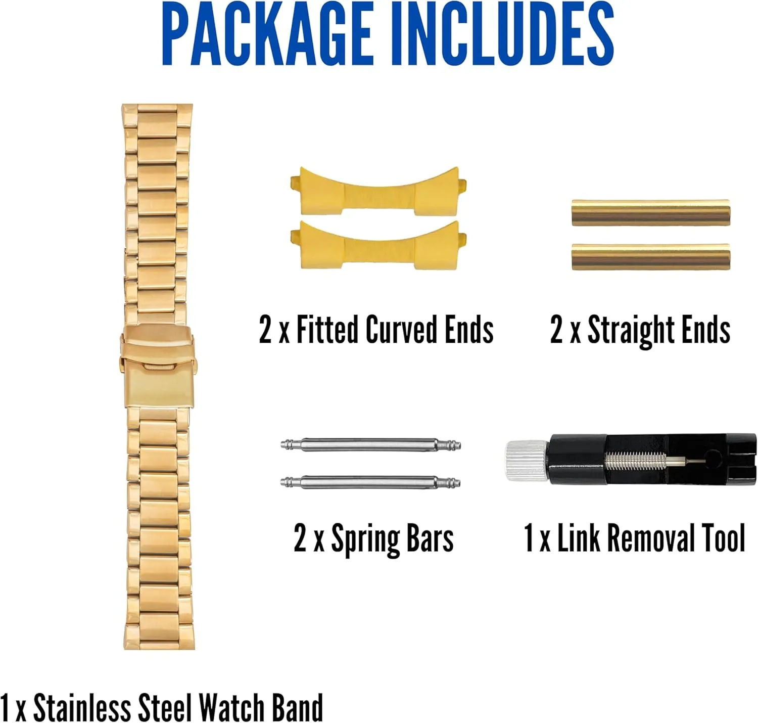 Bandini Stainless Steel Fitted Curved End Metal Watch Band, 3 Link Watch Strap Oyster Bracelet, Double Foldover Lock Deployment Clasp, Straight End Included - 18mm, 20mm, 22mm, 24mm