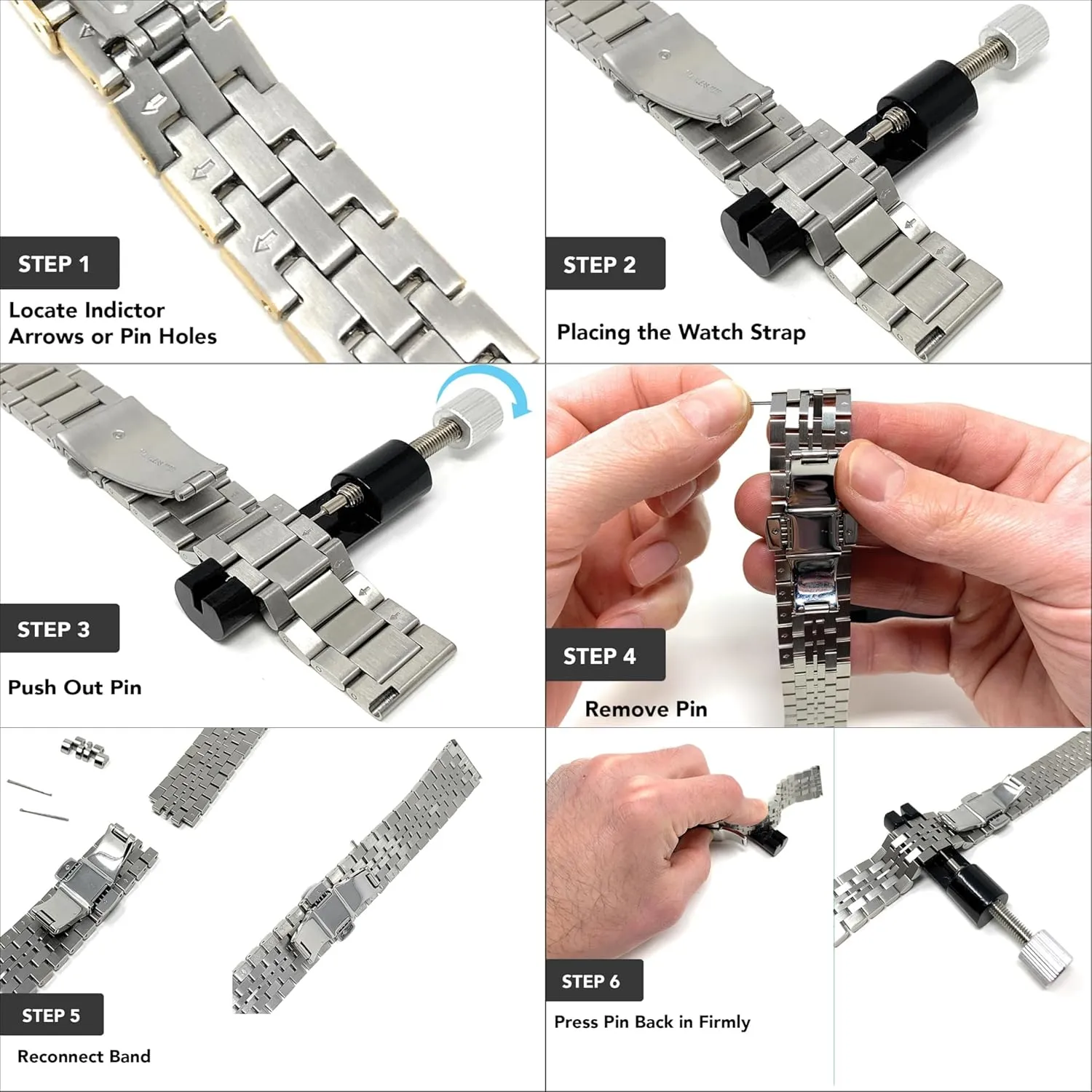 Bandini Stainless Steel Fitted Curved End Metal Watch Band, 3 Link Watch Strap Oyster Bracelet, Double Foldover Lock Deployment Clasp, Straight End Included - 18mm, 20mm, 22mm, 24mm