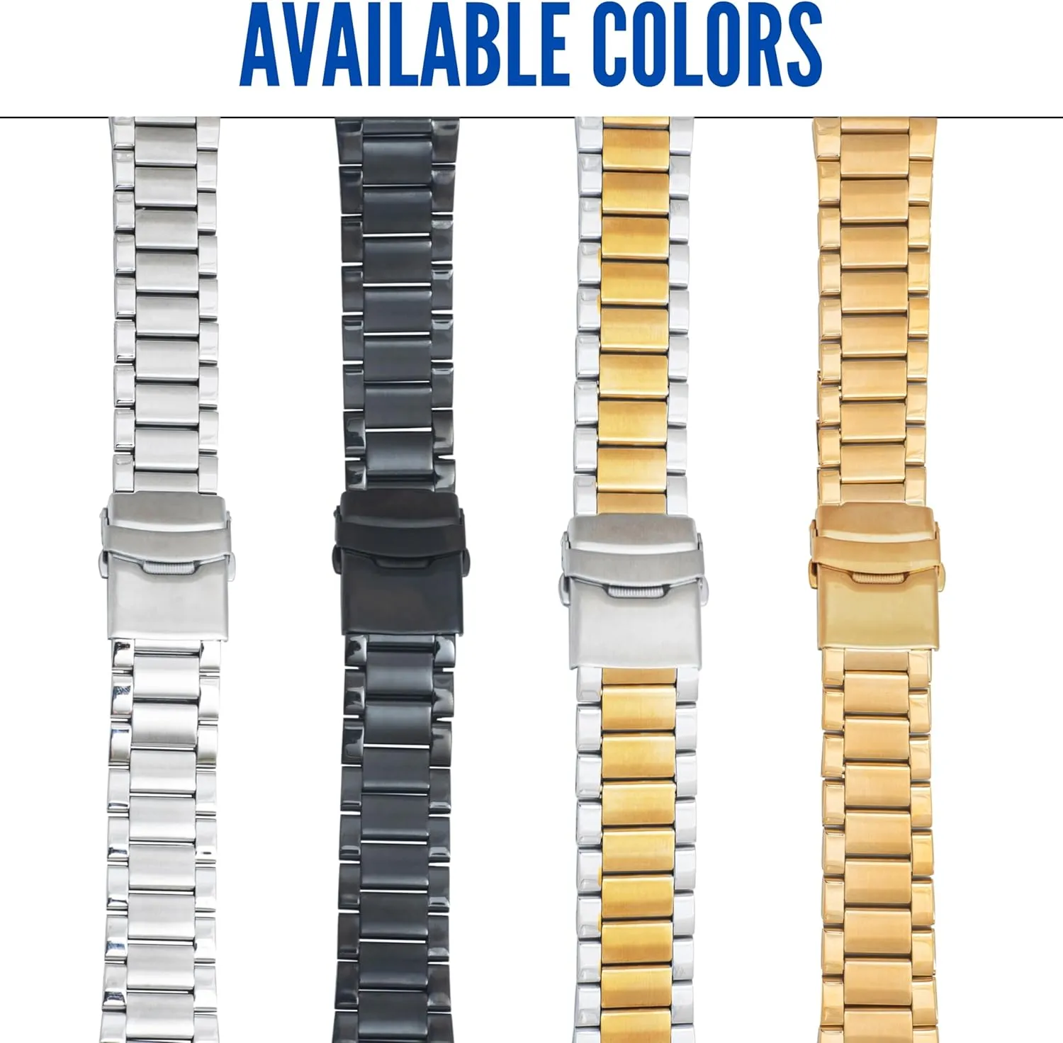 Bandini Stainless Steel Fitted Curved End Metal Watch Band, 3 Link Watch Strap Oyster Bracelet, Double Foldover Lock Deployment Clasp, Straight End Included - 18mm, 20mm, 22mm, 24mm