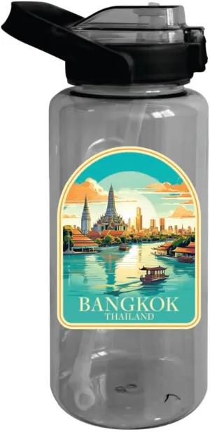 Bangkok Thailand Design A Souvenir 64 oz Large Water Bottle with Screw-on Top and Straw 4-Pack