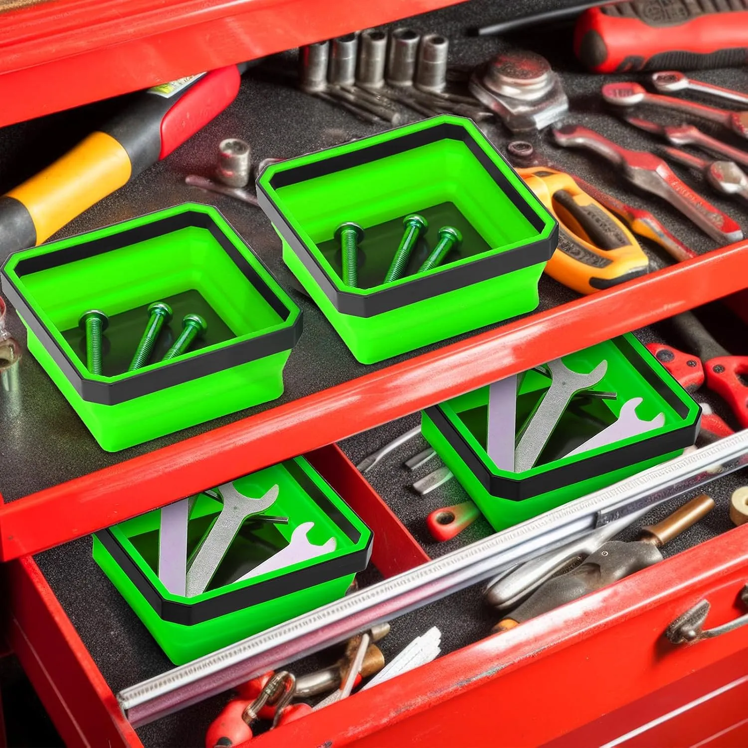 Barydat 10 Pcs Magnetic Tool Tray Collapsible Foldable Parts Trays Set Magnetic Screw Tray Magnetic Parts Bowl Square Silicone Magnetic Tool for Bolts Nuts Washers Pins Screw Parts (Green)