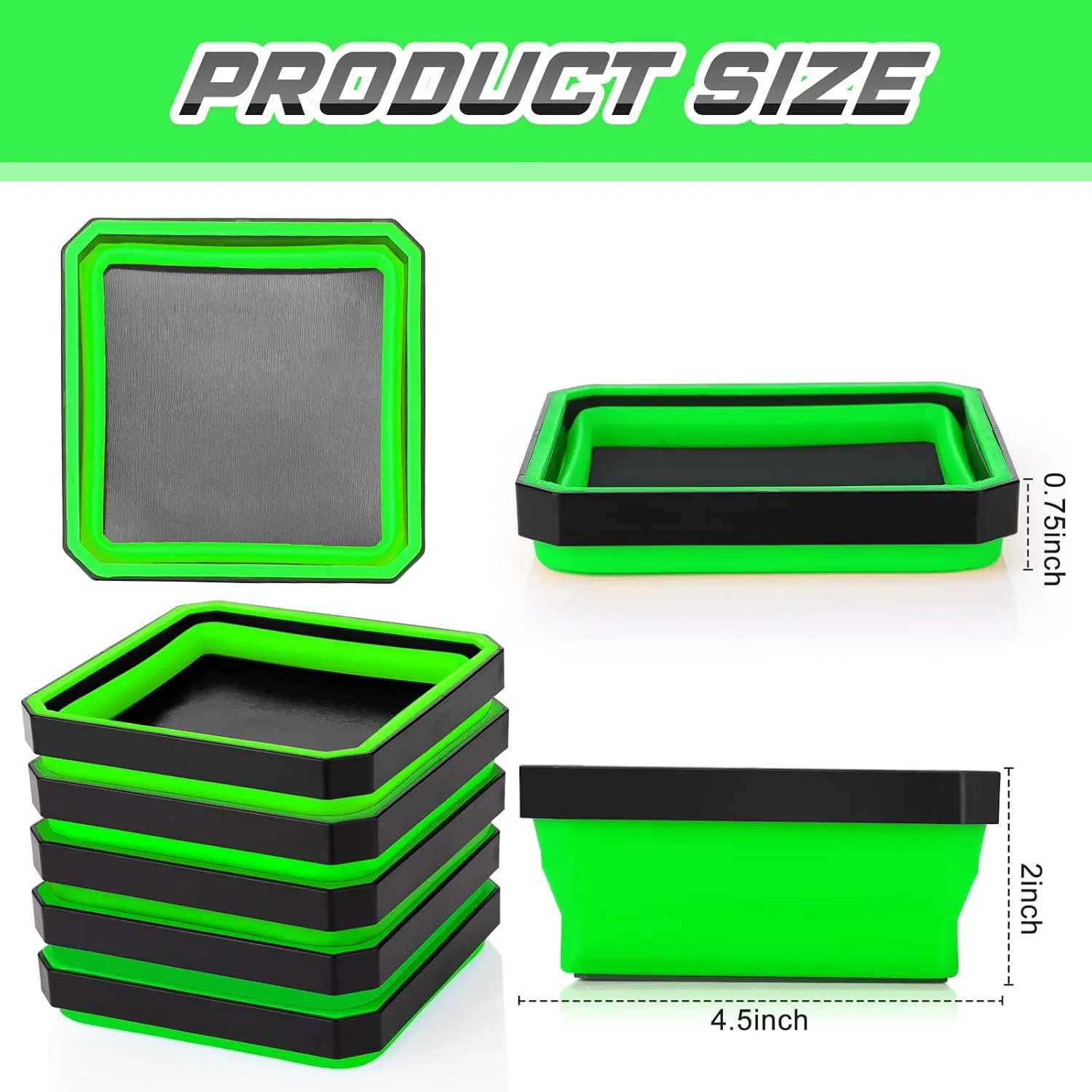 Barydat 10 Pcs Magnetic Tool Tray Collapsible Foldable Parts Trays Set Magnetic Screw Tray Magnetic Parts Bowl Square Silicone Magnetic Tool for Bolts Nuts Washers Pins Screw Parts (Green)