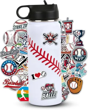 Baseball Water Bottles for Boys 18 oz and 100 PCS Baseballs Stickers Personalized Sports Insulated Stainless Steel Water Bottle Baseball Accessories Stuff Gear Gifts For 8-12 12-14 Player
