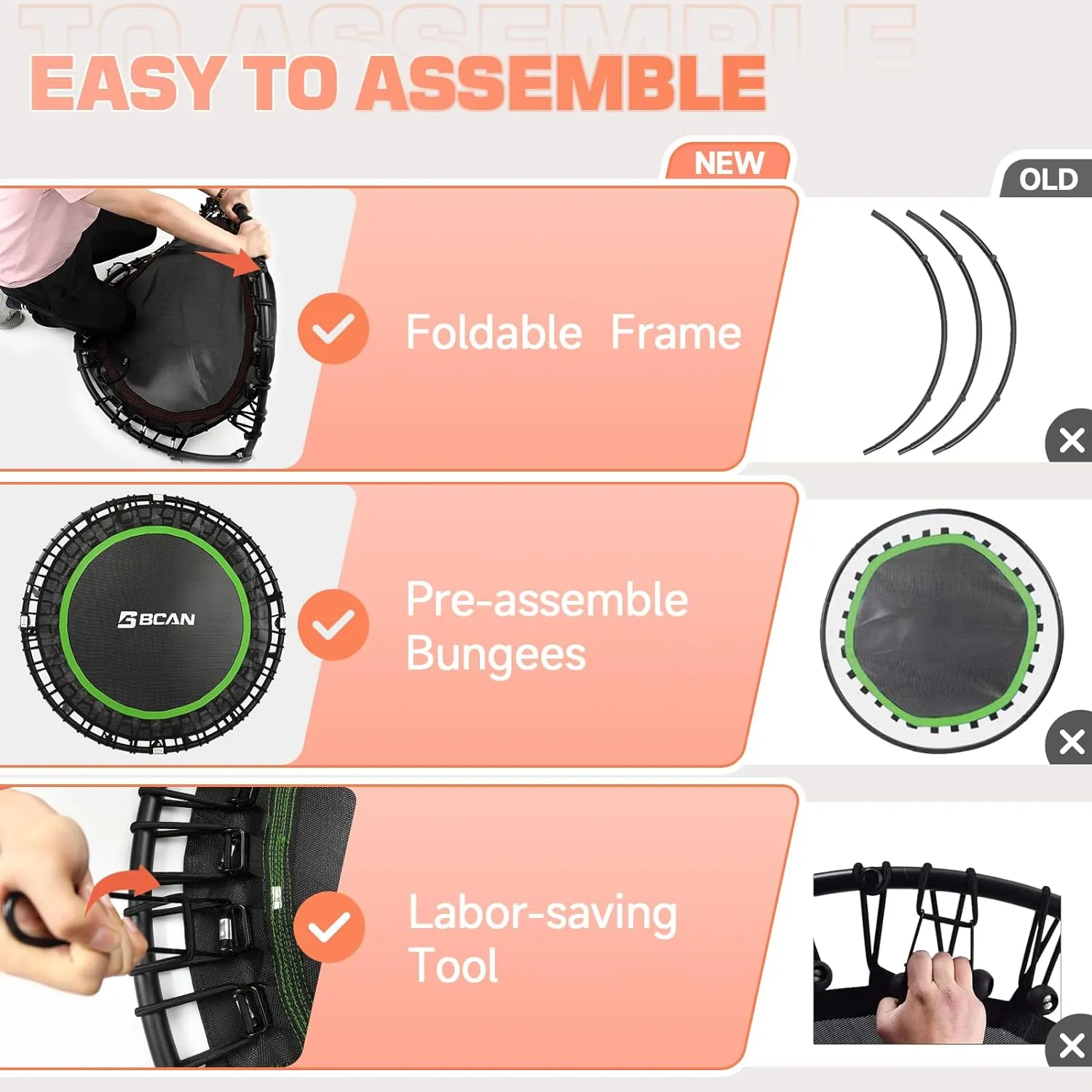 BCAN 450LBS/550LBS Foldable Mini Trampoline, 40"/48" Fitness Trampoline with Durable Bungees, Stable & Quiet Exercise Rebounder for Adults,Great Mini Trampoline for Indoor/Garden Workout - 2