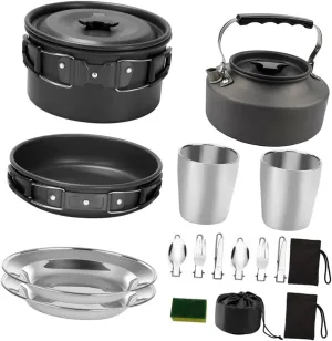 BESPORTBLE Aluminum Alloy Outdoor Cooking Set 2-3 Person Camping Cookware Kit Pot Pan Silverware Griddle