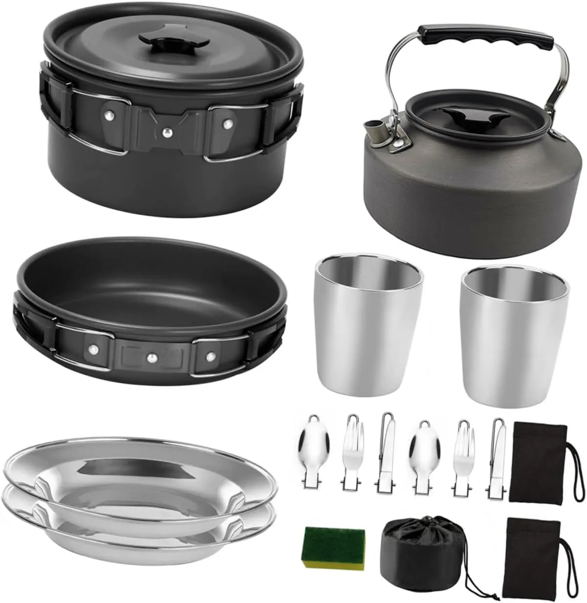BESPORTBLE Aluminum Alloy Outdoor Cooking Set 2-3 Person Camping Cookware Kit Pot Pan Silverware Griddle
