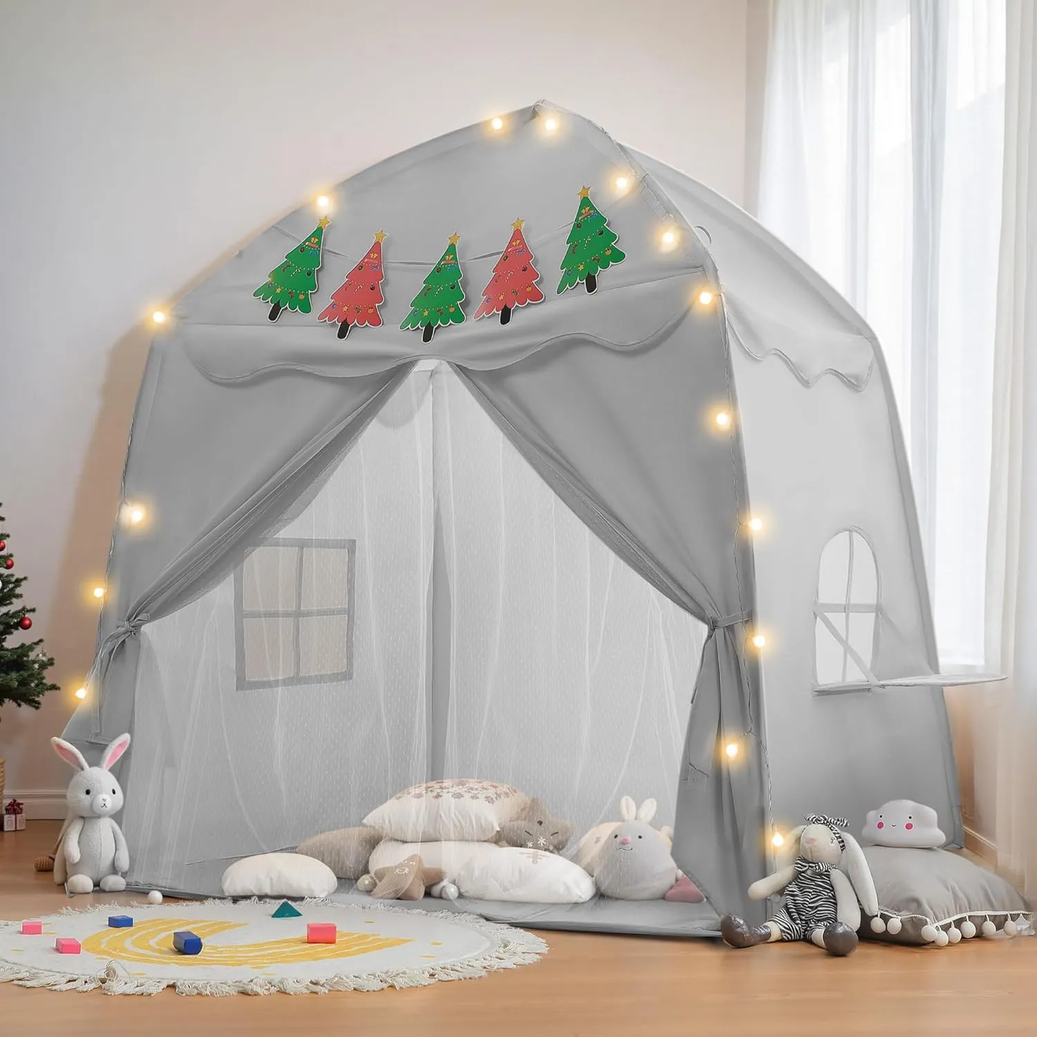 besrey Large Kids Play Tent with Christmas Tree Flags & Lights, Kids Playhouse Indoor, Toddler Tent for Boys&Girls, Great Toddler Playhouse, 61" x39" x 58"