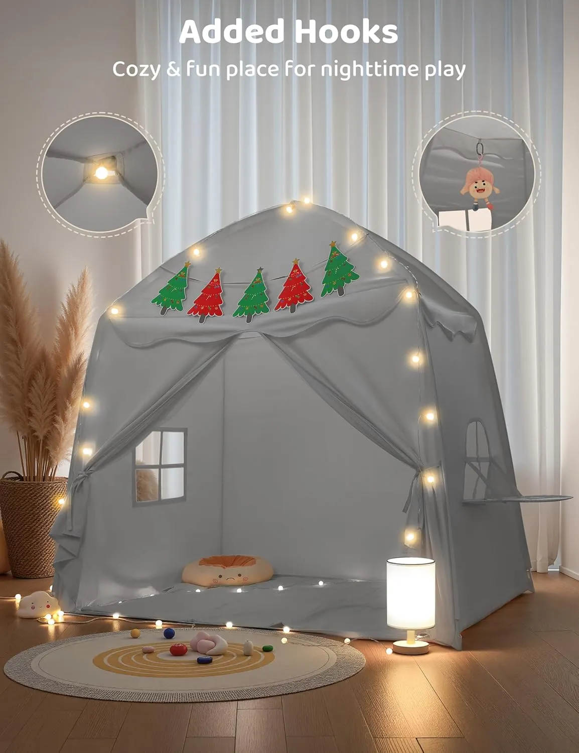 besrey Large Kids Play Tent with Christmas Tree Flags & Lights, Kids Playhouse Indoor, Toddler Tent for Boys&Girls, Great Toddler Playhouse, 61" x39" x 58"