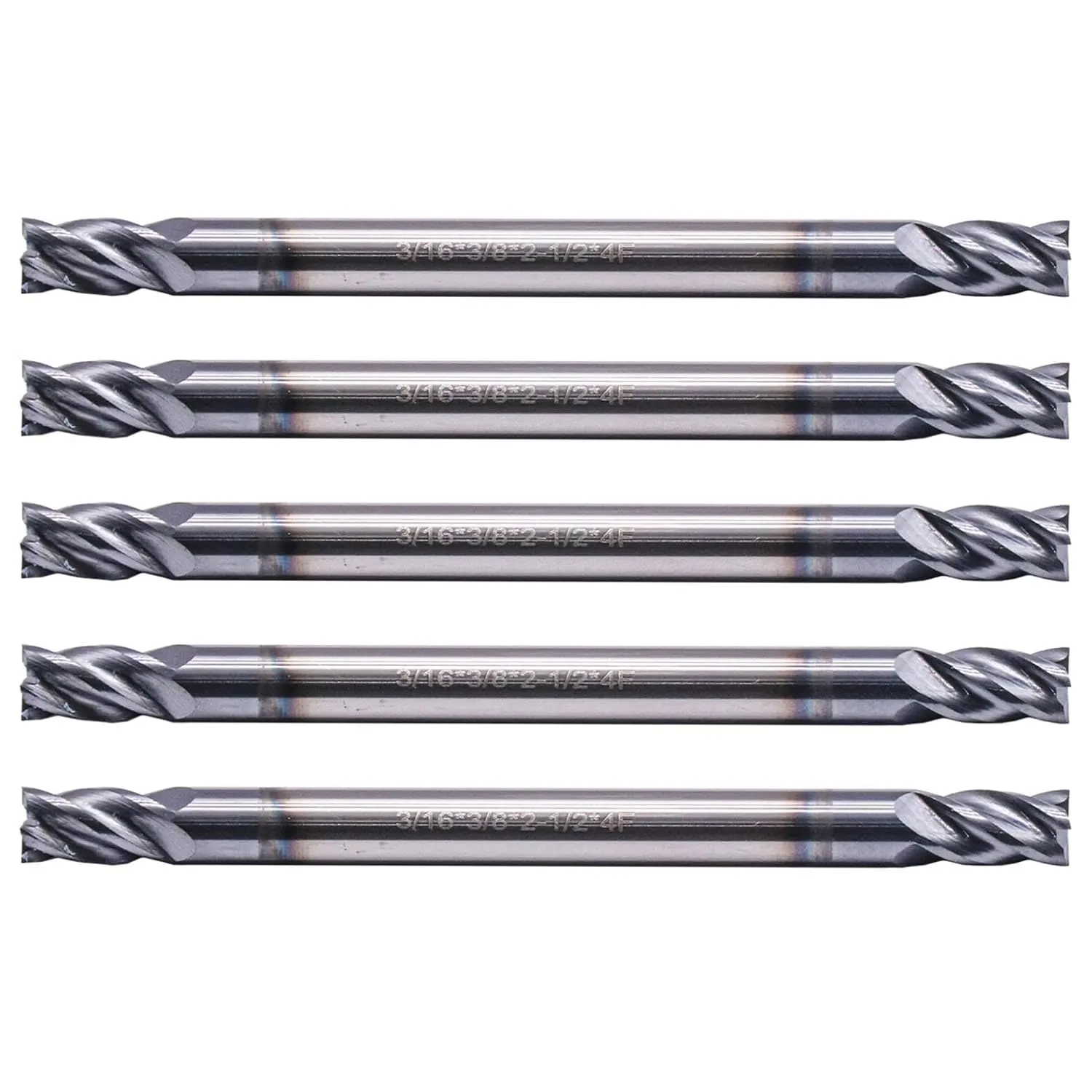 BestParts 5pcs 3/16" Solid Carbide Square End Mills - Double End - AlTiN Coated, 4 Flute, 35 Degree Helix, 3/16" Cutting Diameter, 3/16 inch Shank Diameter, 3/8" Length of Cut, 2-1/2" Overall Length