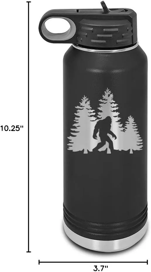 Bigfoot Trees Forest Laser Engraved Water Bottle Customizable Polar Camel Stainless Steel with Straw - sasquatch missing link big foot outdoors camping explore Black 32 oz