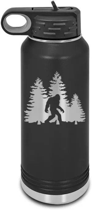 Bigfoot Trees Forest Laser Engraved Water Bottle Customizable Polar Camel Stainless Steel with Straw - sasquatch missing link big foot outdoors camping explore Black 32 oz