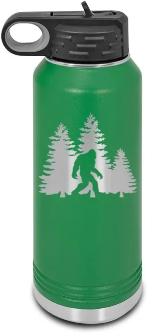 Bigfoot Trees Forest Laser Engraved Water Bottle Customizable Polar Camel Stainless Steel with Straw - sasquatch missing link big foot outdoors camping explore Green 32 oz