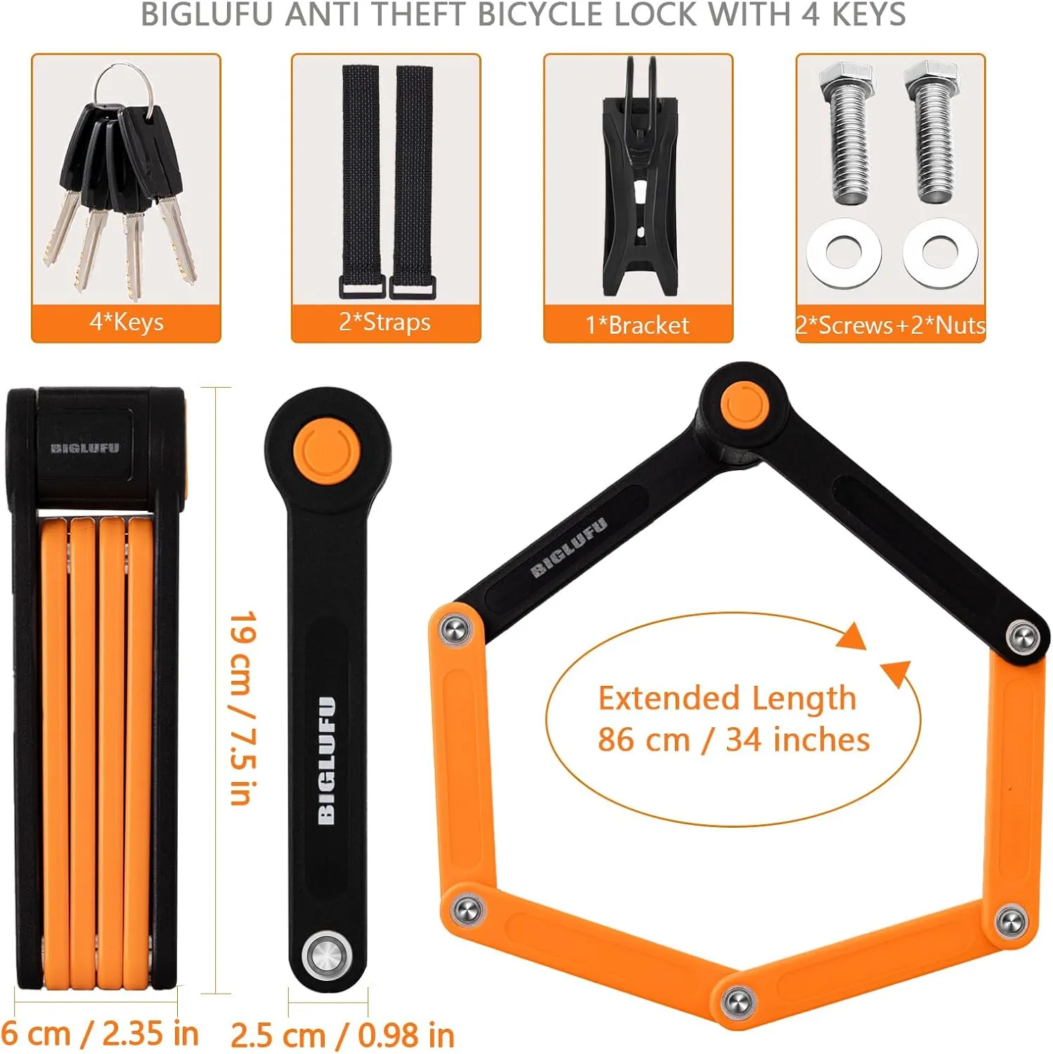 BIGLUFU Bike Lock Bicycle Scooter Motorcycle Folding Locks with 4Keys, Fold Chain Heavy Duty Alloy Steel Foldable Lock with Mounting Bracket 2pc Straps, 86cm/34 Unfolding, 1.92 lbs