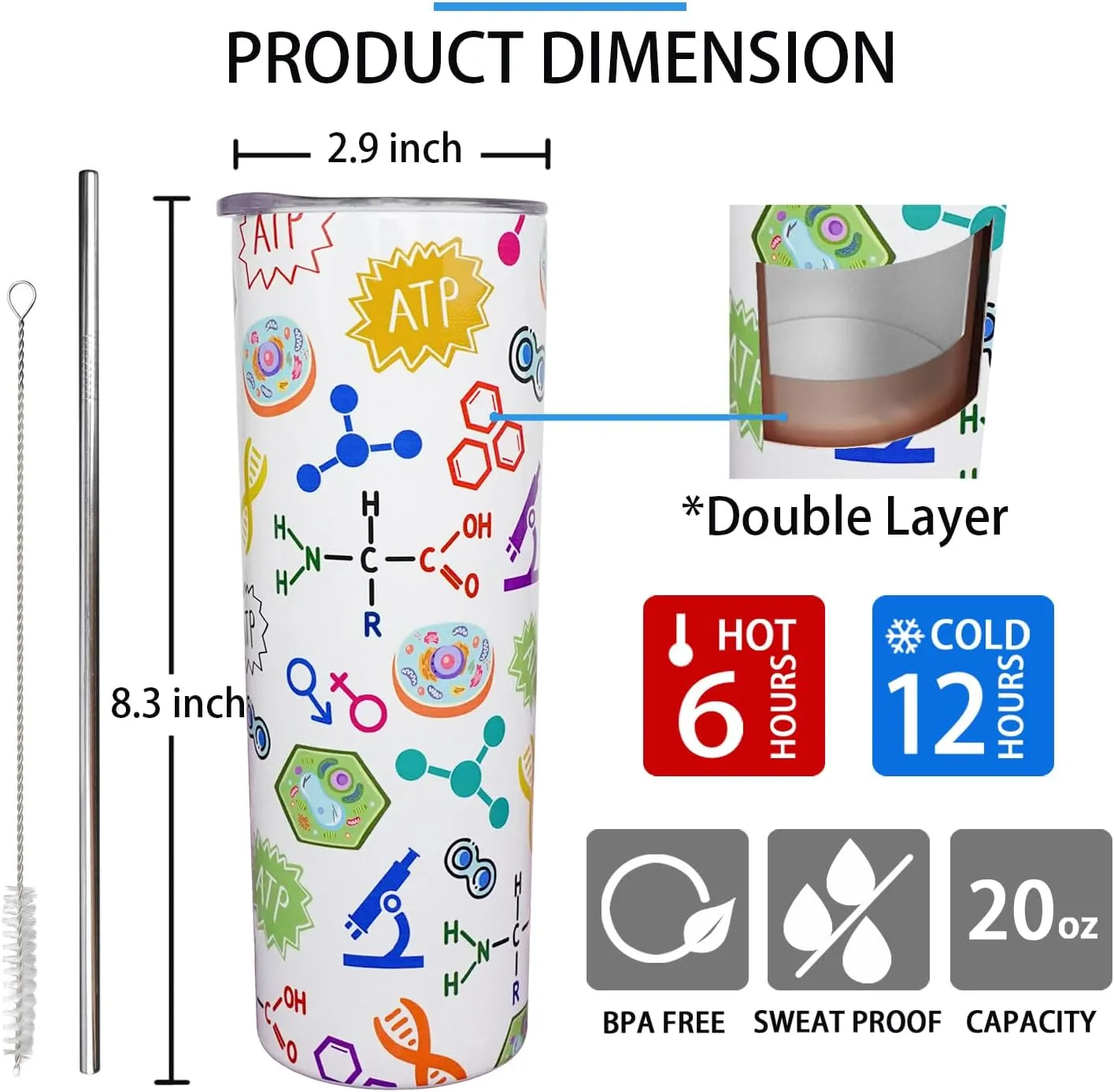 Biology Gift Biology Teacher Mug Biology Tumbler Cup Biology Teacher Gift for Women Men 20 Oz Stainless Steel Insulated Water Bottle With Lid and Straw