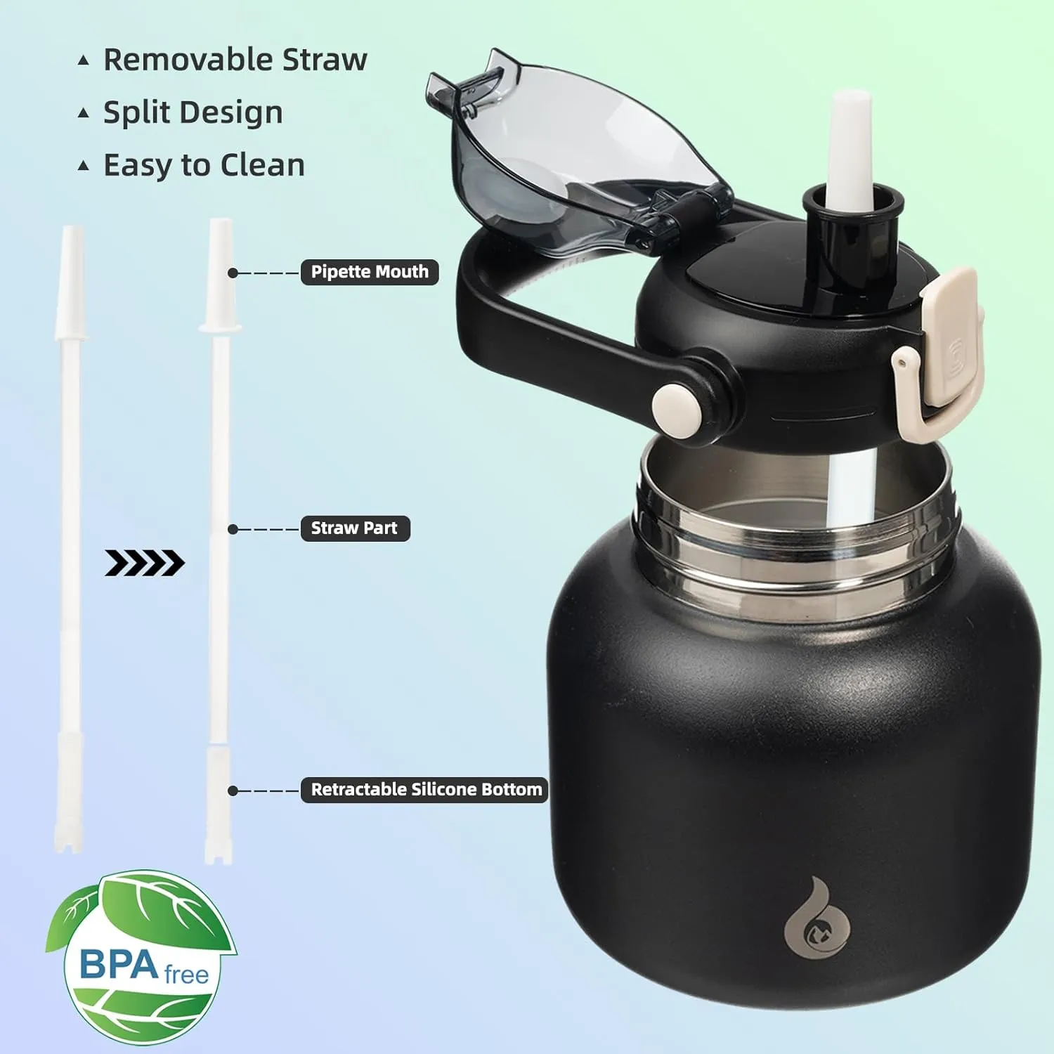 BJPKPK Insulated Water Bottles with Straw, 20 oz Cute Water Bottles with Handle, BPA Free Stainless Steel Metal Thermos, Easy Carry Thermos for Men & Women, Black