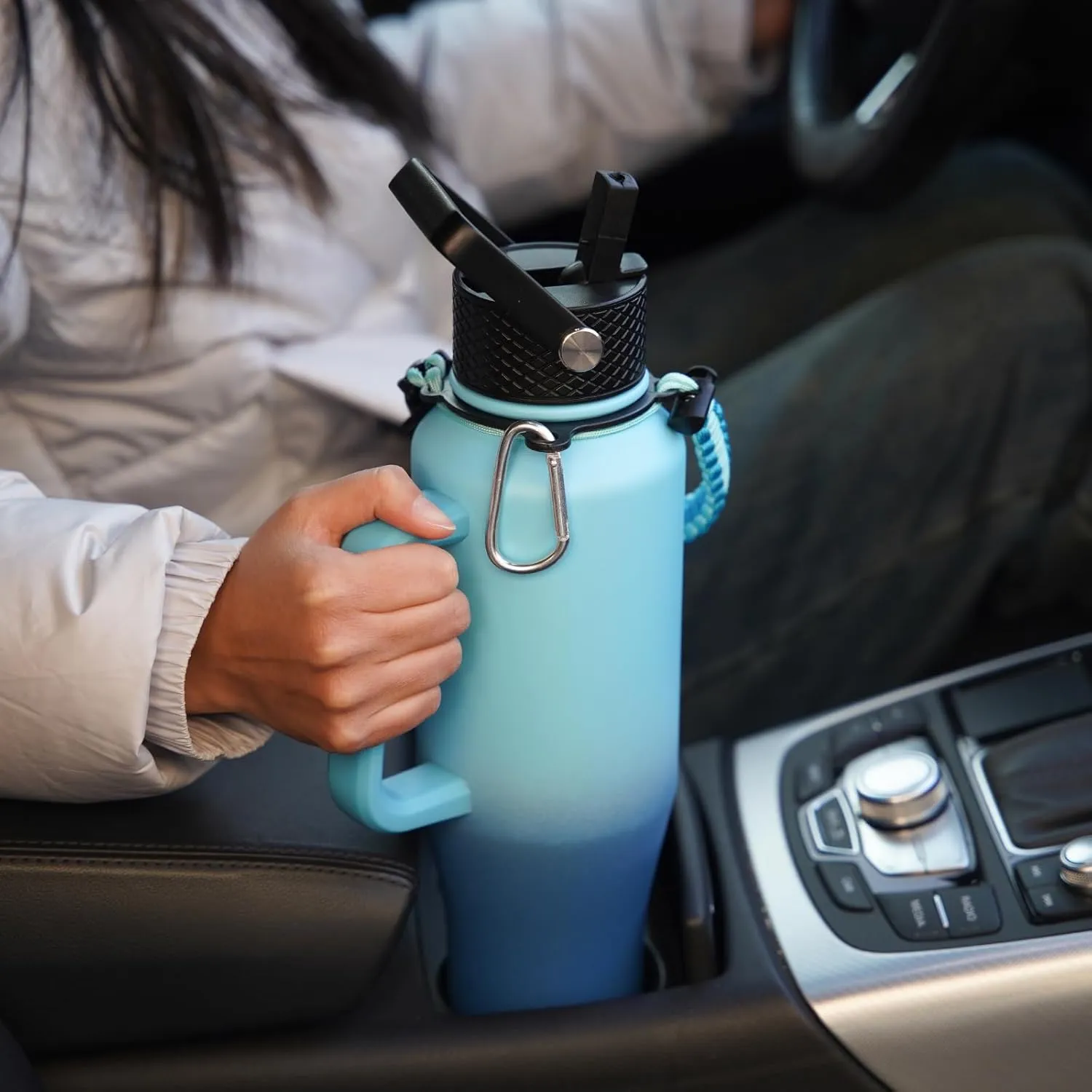 BJPKPK Insulated Water Bottles with Straw Lid, 35oz Metal Water Bottle with 2 lids & Paracord Strap, Double Wall Stainless Steel Tumbler with Handle, Reusable Cups, Mugs, Thermos, Sky