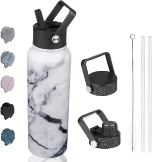 BJPKPK Insulated Water Bottles with Straw Lid, 40oz Stainless Steel Water Bottles with 3 Lids, BPA Free Leakproof Thermos, Tumblers, Cups for Sports, Gym-Carrara Marble