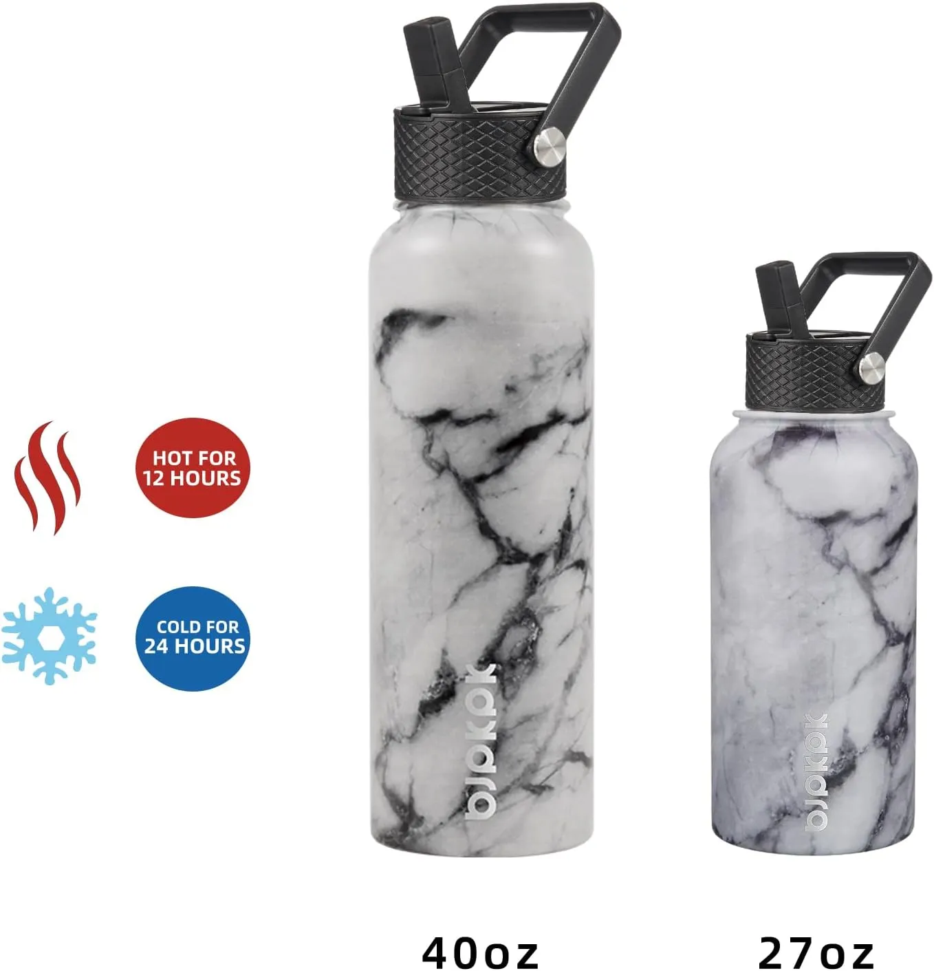 BJPKPK Insulated Water Bottles with Straw Lid, 40oz Stainless Steel Water Bottles with 3 Lids, BPA Free Leakproof Thermos, Tumblers, Cups for Sports, Gym-Carrara Marble