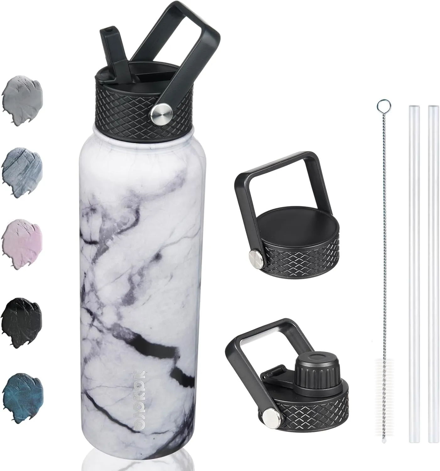 BJPKPK Insulated Water Bottles with Straw Lid, 40oz Stainless Steel Water Bottles with 3 Lids, BPA Free Leakproof Thermos, Tumblers, Cups for Sports, Gym-Carrara Marble