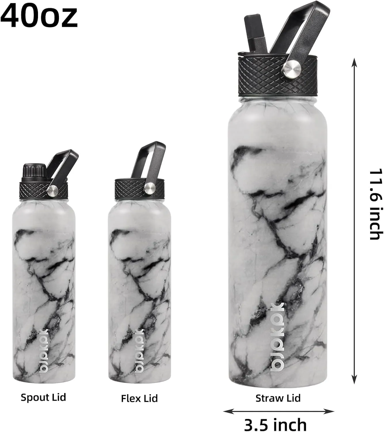 BJPKPK Insulated Water Bottles with Straw Lid, 40oz Stainless Steel Water Bottles with 3 Lids, BPA Free Leakproof Thermos, Tumblers, Cups for Sports, Gym-Carrara Marble
