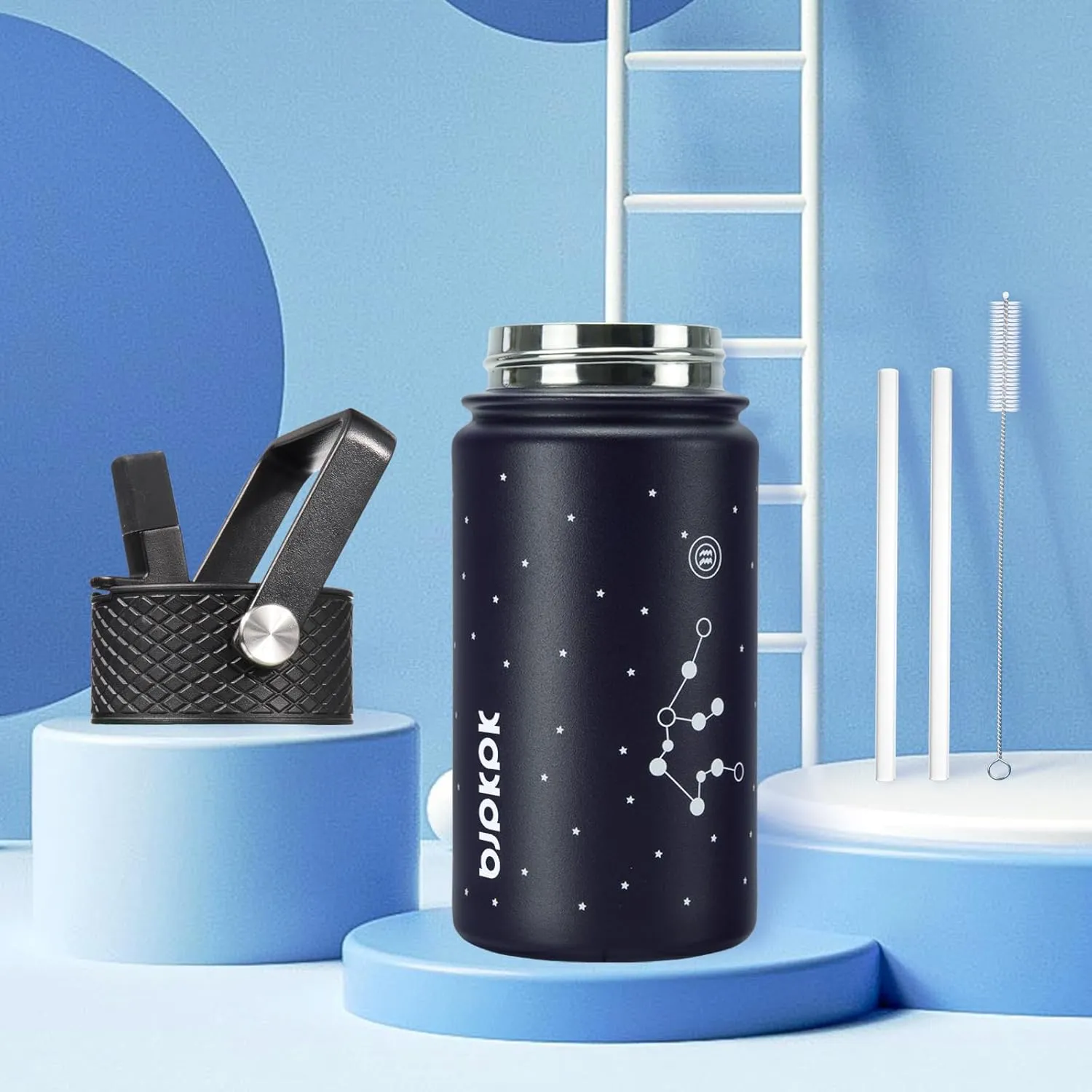 BJPKPK Water Bottle with Straw Lid, 15 oz Insulated Water Bottle, Stainless Steel Metal Water Bottles, Reusable Leak Proof BPA Free Thermos, Flask, Cups,Constellation-Aquarius