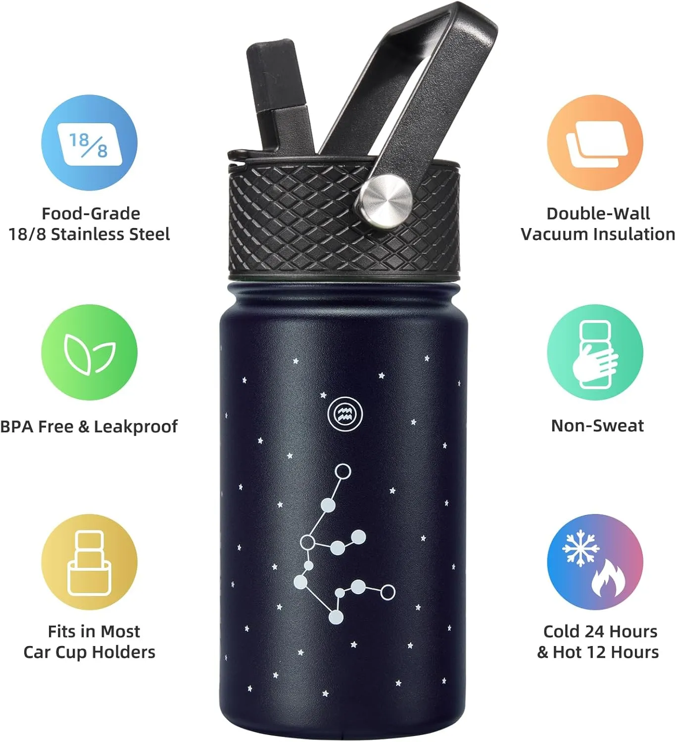 BJPKPK Water Bottle with Straw Lid, 15 oz Insulated Water Bottle, Stainless Steel Metal Water Bottles, Reusable Leak Proof BPA Free Thermos, Flask, Cups,Constellation-Aquarius