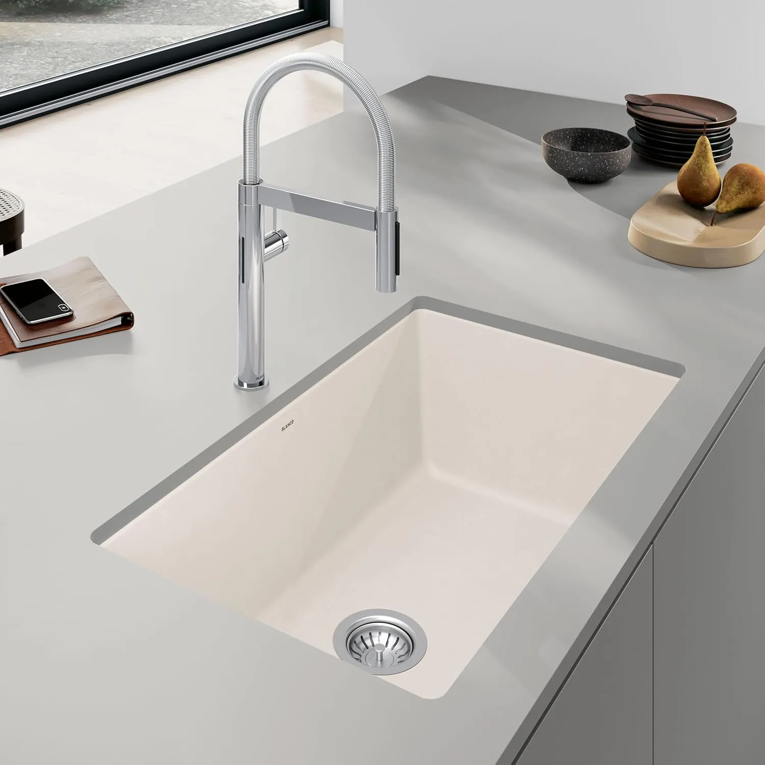 BLANCO 443083 Precis Silgranit 30” Single Bowl Undermount Kitchen Sink, Soft White