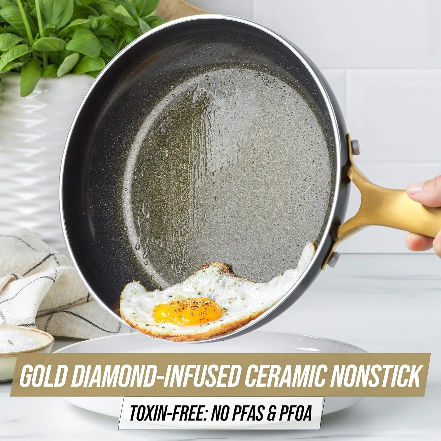 Blue Diamond Gold 10 Piece Cookware Pots and Pans Set, Induction Suitable, Diamond Infused PFAS and PFOA-Free Ceramic Nonstick, Durable, Metal Utensil Safe, Dishwasher Safe, Gold Handle, Black