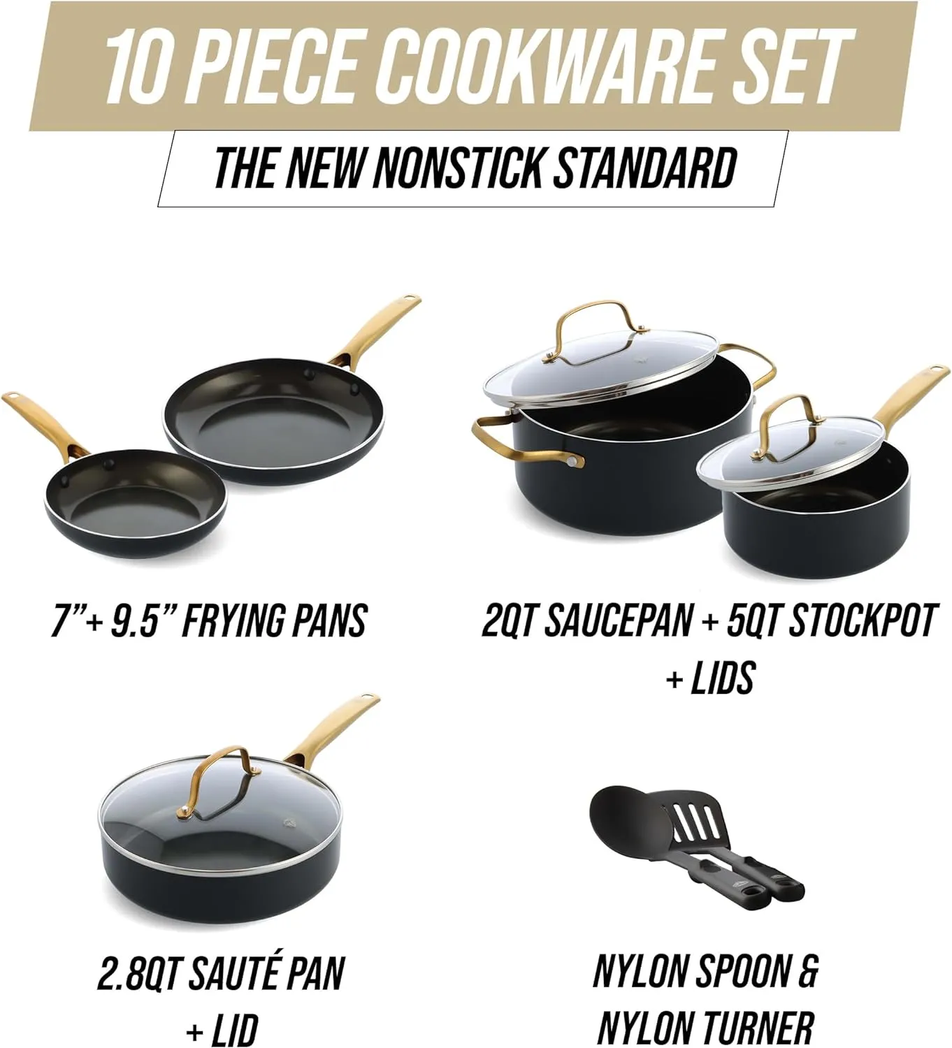 Blue Diamond Gold 10 Piece Cookware Pots and Pans Set, Induction Suitable, Diamond Infused PFAS and PFOA-Free Ceramic Nonstick, Durable, Metal Utensil Safe, Dishwasher Safe, Gold Handle, Black