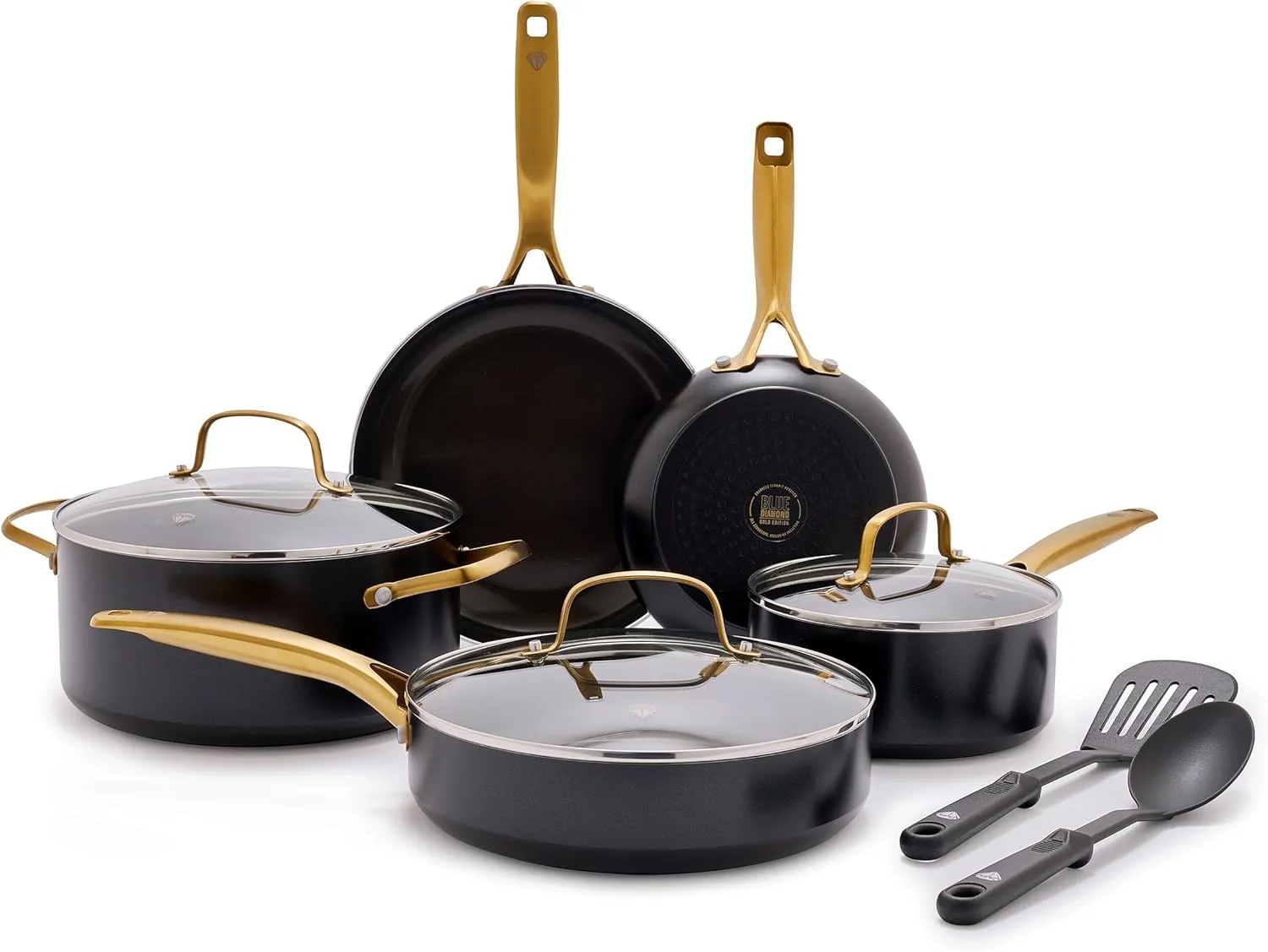 Blue Diamond Gold 10 Piece Cookware Pots and Pans Set, Induction Suitable, Diamond Infused PFAS and PFOA-Free Ceramic Nonstick, Durable, Metal Utensil Safe, Dishwasher Safe, Gold Handle, Black