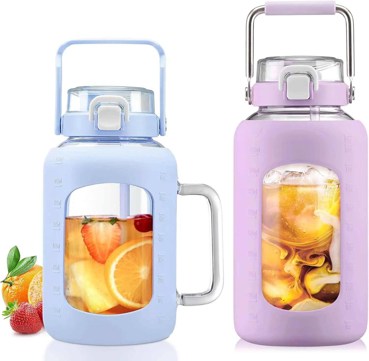 BLUEGO 64oz and 84oz Glass Water Bottles Bundle(64 Blue   84 Purple) with Straw and Lids Handle Large Water Tumbler with Sleeve, Glass Water Container, 2 Liter Water Jug Glass, BPA Free