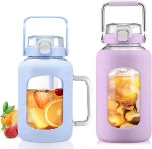 BLUEGO 64oz and 84oz Glass Water Bottles Bundle(64 Blue   84 Purple) with Straw and Lids Handle Large Water Tumbler with Sleeve, Glass Water Container, 2 Liter Water Jug Glass, BPA Free
