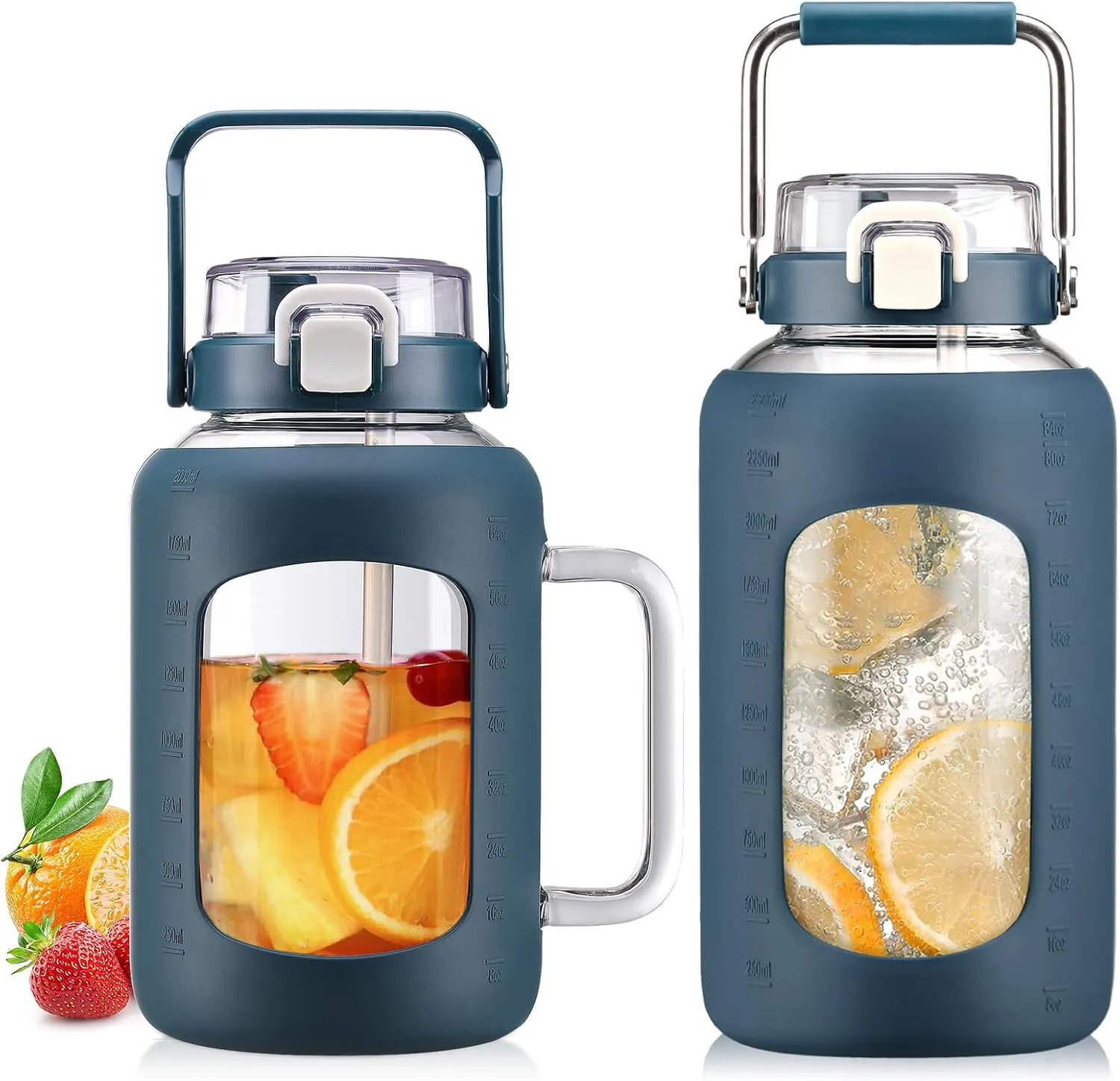 BLUEGO 64oz and 84oz Glass Water Bottles Bundle(64 DBlue   84 DBlue) with Straw and Lids Handle Large Water Tumbler with Sleeve, Glass Water Container, 2 Liter Water Jug Glass, BPA Free