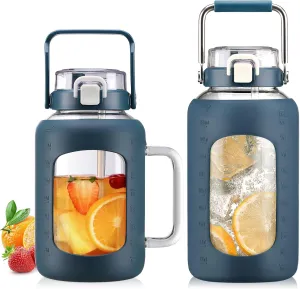BLUEGO 64oz and 84oz Glass Water Bottles Bundle(64 DBlue   84 DBlue) with Straw and Lids Handle Large Water Tumbler with Sleeve, Glass Water Container, 2 Liter Water Jug Glass, BPA Free