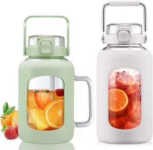 BLUEGO 64oz and 84oz Glass Water Bottles Bundle(64 LGreen   84 White) with Straw and Lids Handle Large Water Tumbler with Sleeve, Glass Water Container, 2 Liter Water Jug Glass, BPA Free