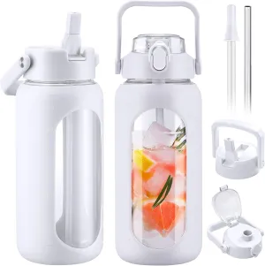 BLUEGO 64oz Glass Water Bottles with 2 Lids Flip Lid and Spout Lid Half Gallon Water Bottle with Straw 2L Large Water Bottle with Time and Capacity Markers for Gym Home Office Leak-proof, White