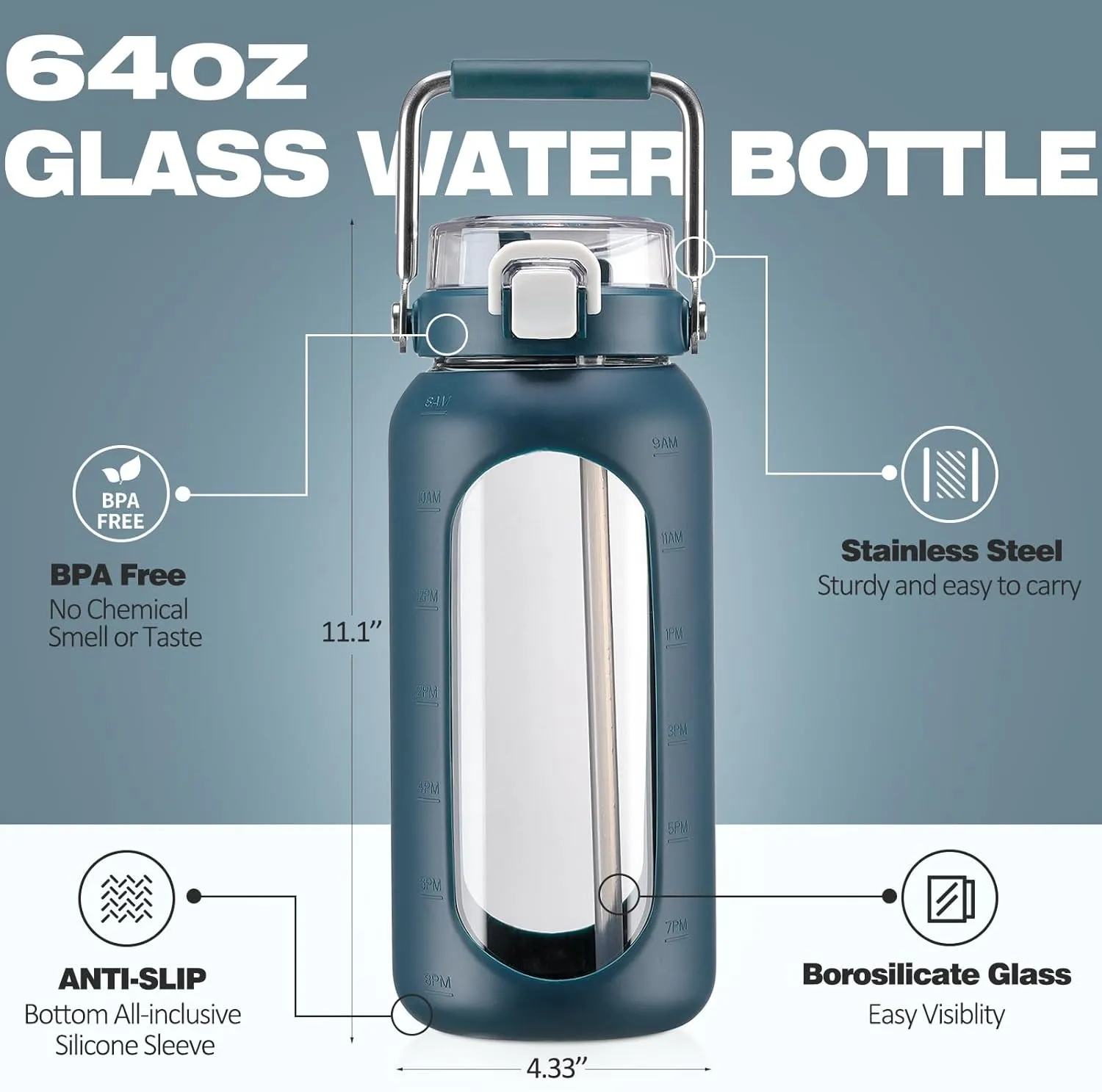 BLUEGO 64oz Water Bottle Glass with Stainless Steel Handle Large Water Bottle with Time Markers and Silicone Sleeve Half Gallon Water Jug BPA Free for Gym Daily Use, Dark Blue