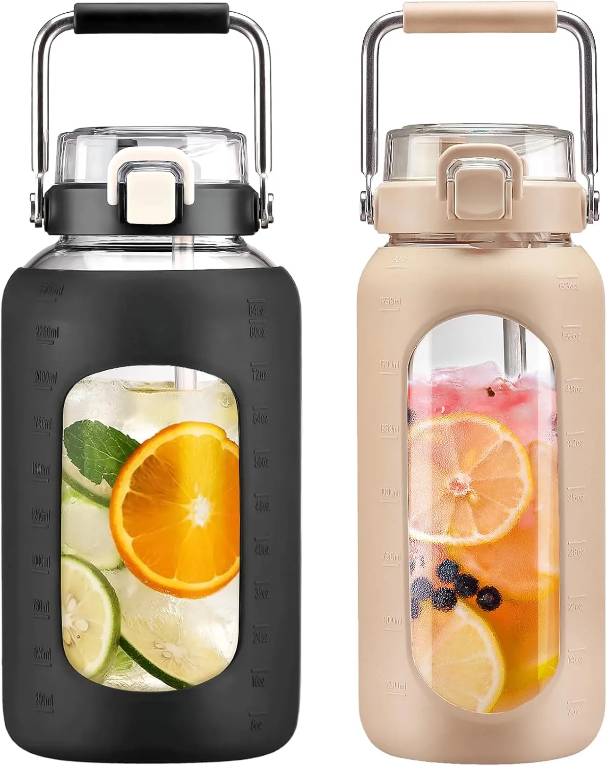 BLUEGO 84oz and 64oz Glass Water Bottles Bundle(84 Black   64 Amber) with Straw and Stainless Steel Handle, Large Water Bottle with Sleeve, Half Gallon Water Jug, Glass Water Container, BPA Free