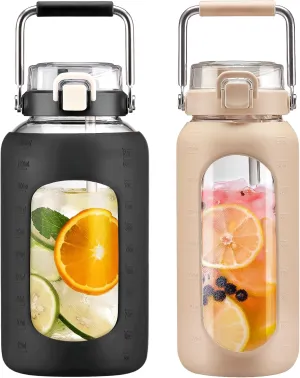 BLUEGO 84oz and 64oz Glass Water Bottles Bundle(84 Black   64 Amber) with Straw and Stainless Steel Handle, Large Water Bottle with Sleeve, Half Gallon Water Jug, Glass Water Container, BPA Free